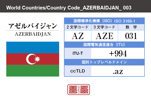 国名：アゼルバイジャン/AZERBAIDJAN　国際標準化機構 ISO 3166-1 [ 2文字コード：AZ , 3文字コード：AZE , 数字：031 ]　国際電気通信連合 ITU-T：+994　国別トップレベルドメイン ccTLD：.az