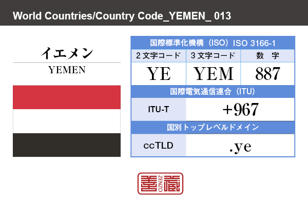 国名：イエメン/YEMEN　国際標準化機構 ISO 3166-1 [ 2文字コード：YE , 3文字コード：YEM , 数字：887 ]　国際電気通信連合 ITU-T：+967　国別トップレベルドメイン ccTLD：.ye