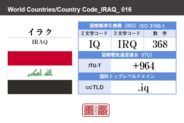 国名：イラク/IRAQ　国際標準化機構 ISO 3166-1 [ 2文字コード：IQ , 3文字コード：IRQ , 数字：368 ]　国際電気通信連合 ITU-T：+964　国別トップレベルドメイン ccTLD：.iq