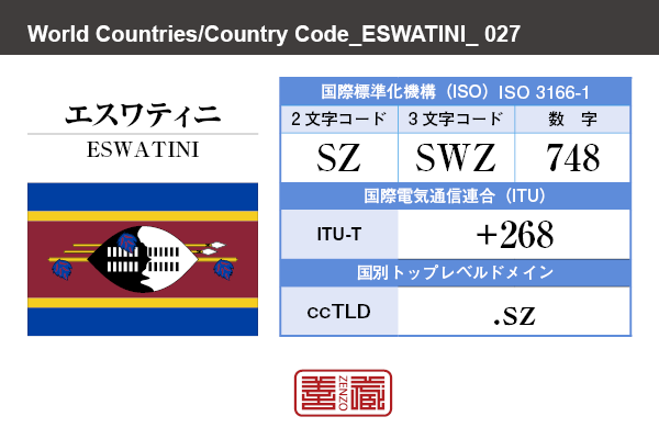 国名：エスワティニ/ESWATINI　国際標準化機構 ISO 3166-1 [ 2文字コード：SZ , 3文字コード：SWZ , 数字：748 ]　国際電気通信連合 ITU-T：+268　国別トップレベルドメイン ccTLD：.sz