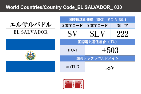 国名：エルサルバドル/EL SALVADOR　国際標準化機構 ISO 3166-1 [ 2文字コード：SV , 3文字コード：SLV , 数字：222 ]　国際電気通信連合 ITU-T：+503　国別トップレベルドメイン ccTLD：.sv