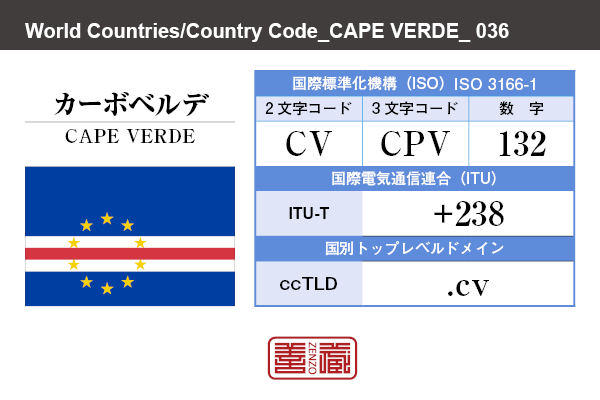 国名：カーボベルデ/CAPE VERDE　国際標準化機構 ISO 3166-1 [ 2文字コード：CV , 3文字コード：CPV , 数字：132 ]　国際電気通信連合 ITU-T：+238　国別トップレベルドメイン ccTLD：.cv