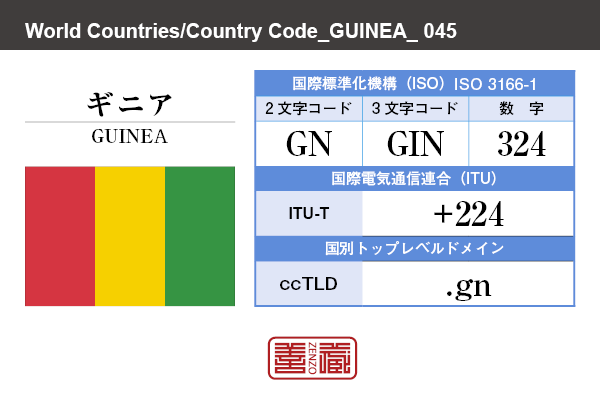 国名：ギニア/GUINEA　国際標準化機構 ISO 3166-1 [ 2文字コード：GN , 3文字コード：GIN , 数字：324 ]　国際電気通信連合 ITU-T：+224　国別トップレベルドメイン ccTLD：.gn