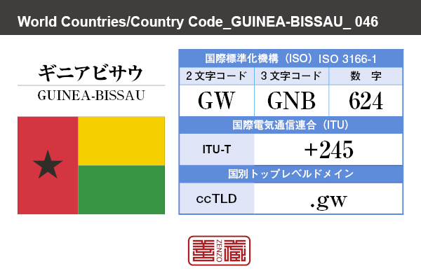 国名：ギニアビサウ/GUINEA-BISSAU　国際標準化機構 ISO 3166-1 [ 2文字コード：GW , 3文字コード：GNB , 数字：624 ]　国際電気通信連合 ITU-T：+245　国別トップレベルドメイン ccTLD：.gw