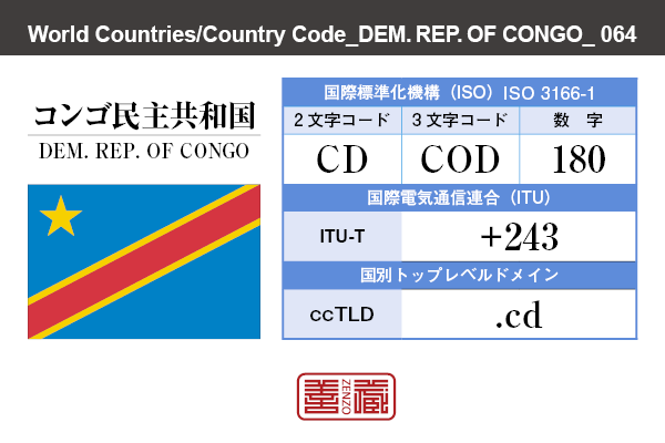 国名：コンゴ民主共和国/DEM. REP. OF CONGO　国際標準化機構 ISO 3166-1 [ 2文字コード：CD , 3文字コード：COD , 数字：180 ]　国際電気通信連合 ITU-T：+243　国別トップレベルドメイン ccTLD：.cd