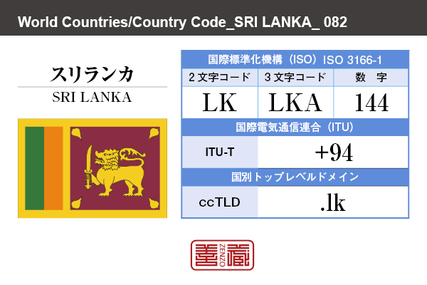 国名：スリランカ/SRI LANKA　国際標準化機構 ISO 3166-1 [ 2文字コード：LK , 3文字コード：LKA , 数字：144 ]　国際電気通信連合 ITU-T：+94　国別トップレベルドメイン ccTLD：.lk