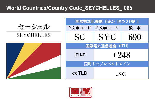 国名：セーシェル/SEYCHELLES　国際標準化機構 ISO 3166-1 [ 2文字コード：SC , 3文字コード：SYC , 数字：690 ]　国際電気通信連合 ITU-T：+248　国別トップレベルドメイン ccTLD：.sc