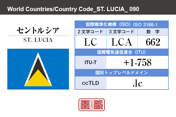 国名：セントルシア/ST. LUCIA　国際標準化機構 ISO 3166-1 [ 2文字コード：LC , 3文字コード：LCA , 数字：662 ]　国際電気通信連合 ITU-T：+1-758　国別トップレベルドメイン ccTLD：.lc