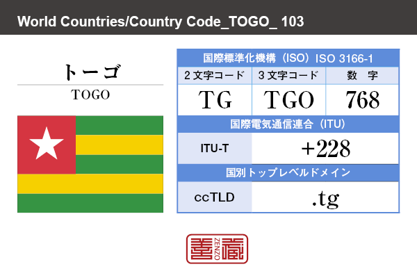 国名：トーゴ/TOGO　国際標準化機構 ISO 3166-1 [ 2文字コード：TG , 3文字コード：TGO , 数字：768 ]　国際電気通信連合 ITU-T：+228　国別トップレベルドメイン ccTLD：.tg