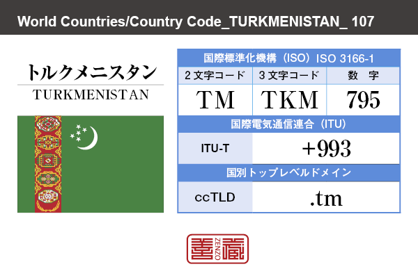 国名：トルクメニスタン/TURKMENISTAN　国際標準化機構 ISO 3166-1 [ 2文字コード：TM , 3文字コード：TKM , 数字：795 ]　国際電気通信連合 ITU-T：+993　国別トップレベルドメイン ccTLD：.tm