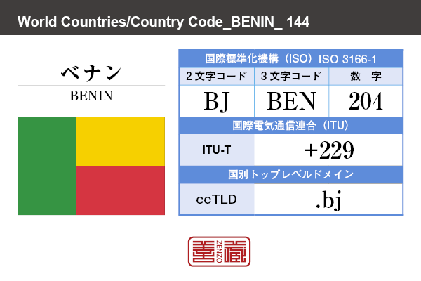 国名：ベナン/BENIN　国際標準化機構 ISO 3166-1 [ 2文字コード：BJ , 3文字コード：BEN , 数字：204 ]　国際電気通信連合 ITU-T：+229　国別トップレベルドメイン ccTLD：.bj