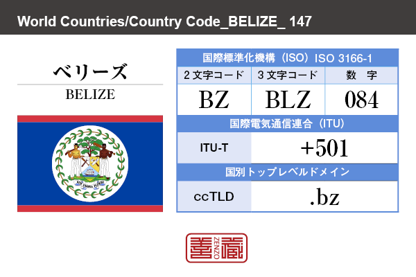 国名：ベリーズ/BELIZE　国際標準化機構 ISO 3166-1 [ 2文字コード：BZ , 3文字コード：BLZ , 数字：084 ]　国際電気通信連合 ITU-T：+501　国別トップレベルドメイン ccTLD：.bz