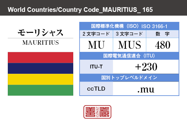 国名：モーリシャス/MAURITIUS　国際標準化機構 ISO 3166-1 [ 2文字コード：MU , 3文字コード：MUS , 数字：480 ]　国際電気通信連合 ITU-T：+230　国別トップレベルドメイン ccTLD：.mu