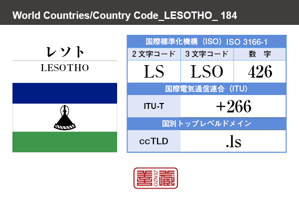 国名：レソト/LESOTHO　国際標準化機構 ISO 3166-1 [ 2文字コード：LS , 3文字コード：LSO , 数字：426 ]　国際電気通信連合 ITU-T：+266　国別トップレベルドメイン ccTLD：.ls