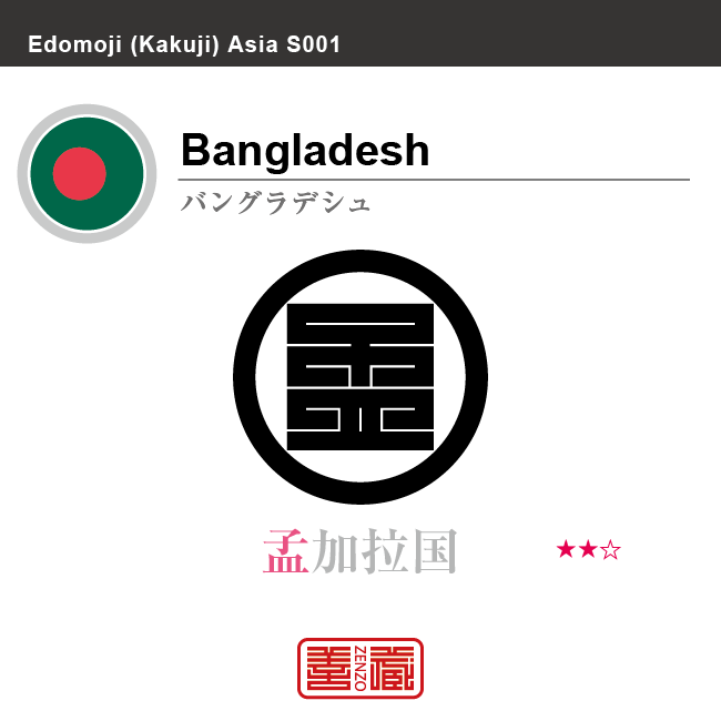バングラデシュ　Bangladesh　孟加拉国　角字で世界の国名、漢字表記　一文字表記