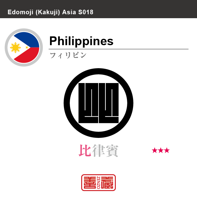 フィリピン　Philippines　比律賓　角字で世界の国名、漢字表記　一文字表記