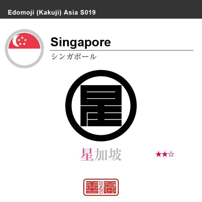 シンガポール　Singapore　新嘉坡　角字で世界の国名、漢字表記　一文字表記