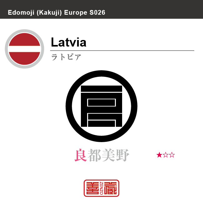 ラトビア　Latvia　拉脱維亜　角字で世界の国名、漢字表記　一文字表記