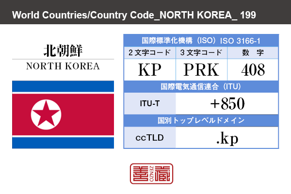 国名：北朝鮮/NORTH KOREA　国際標準化機構 ISO 3166-1 [ 2文字コード：KP , 3文字コード：PRK , 数字：408 ]　国際電気通信連合 ITU-T：+850　国別トップレベルドメイン ccTLD：.kp