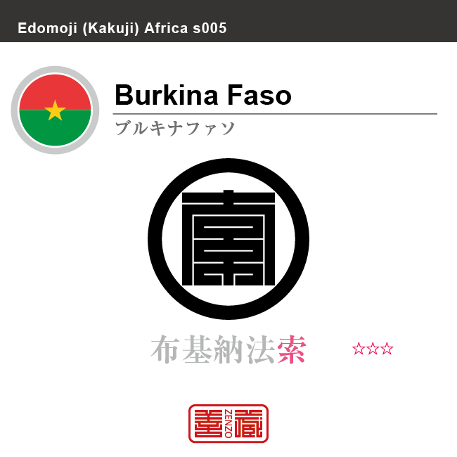 ブルキナファソ　Burkina Faso　布基納法索　角字で世界の国名、漢字表記　一文字表記