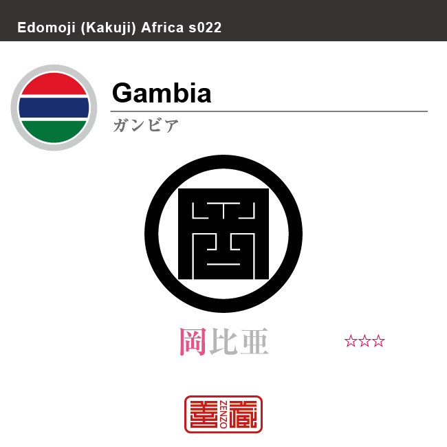 ガンビア　Gambia　岡比亜　角字で世界の国名、漢字表記　一文字表記