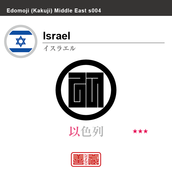 イスラエル　Israel　以色列　角字で世界の国名、漢字表記　一文字表記