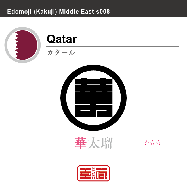 カタール　Qatar　華太瑠　角字で世界の国名、漢字表記　一文字表記