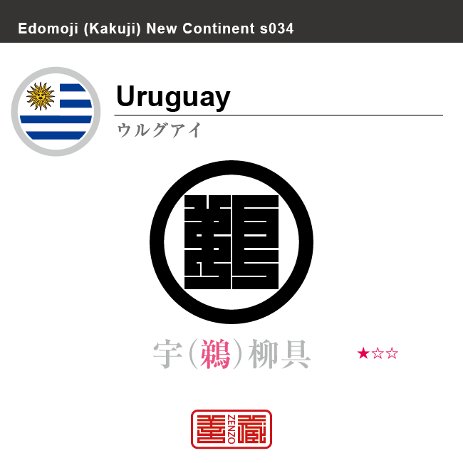 ウルグアイ　Uruguay　宇柳具　角字で世界の国名、漢字表記　一文字表記