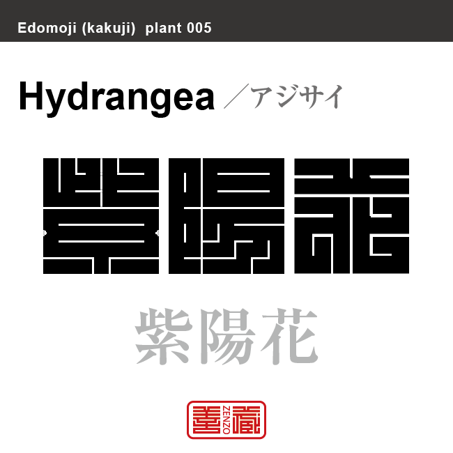 紫陽花　アジサイ　花や植物の名前（漢字表記）を角字で表現してみました。該当する植物についても簡単に解説しています。