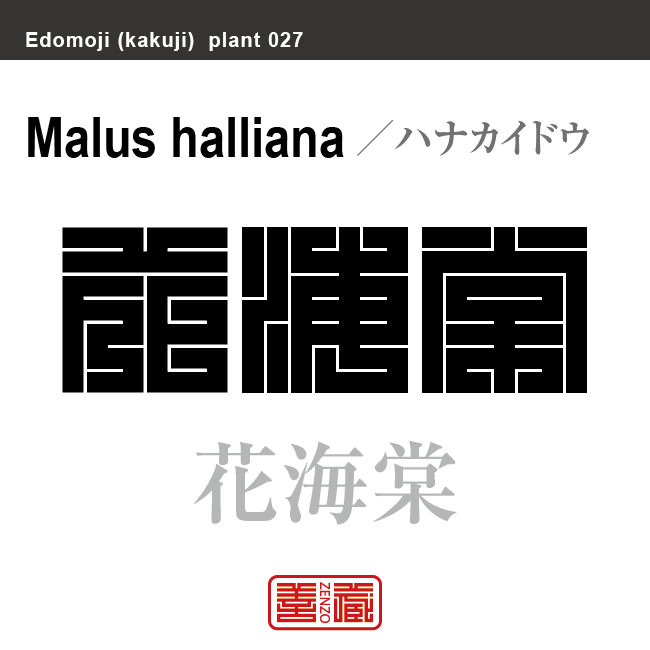 花海棠　ハナカイドウ　花や植物の名前（漢字表記）を角字で表現してみました。該当する植物についても簡単に解説しています。