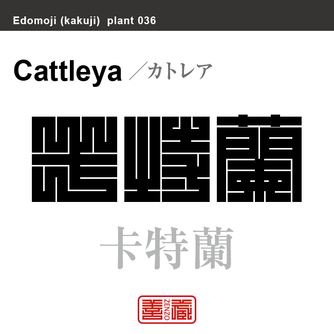 卡特蘭　カトレア　花や植物の名前（漢字表記）を角字で表現してみました。該当する植物についても簡単に解説しています。卡特蘭　カトレア　花や植物の名前（漢字表記）を角字で表現してみました。該当する植物についても簡単に解説しています。