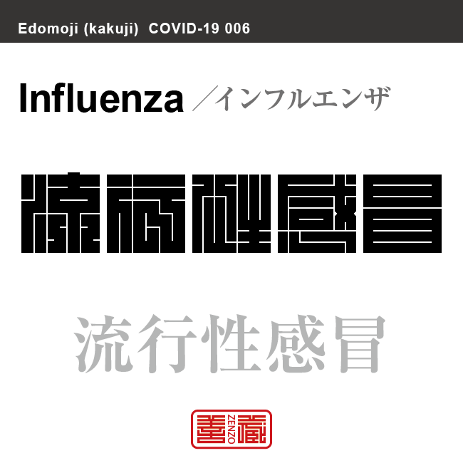 流行性感冒　インフルエンザ／りゅうこうせいかんぼう　新型コロナウイルス感染症関連用語（漢字表記）を角字で表現してみました。用語についても簡単に解説しています。