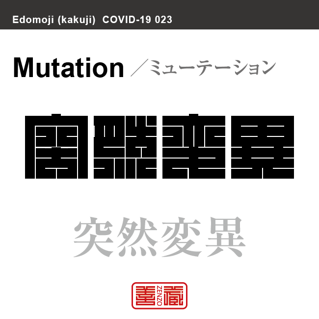 突然変異　とつぜんへんい／ミューテーション　新型コロナウイルス感染症関連用語（漢字表記）を角字で表現してみました。用語についても簡単に解説しています。