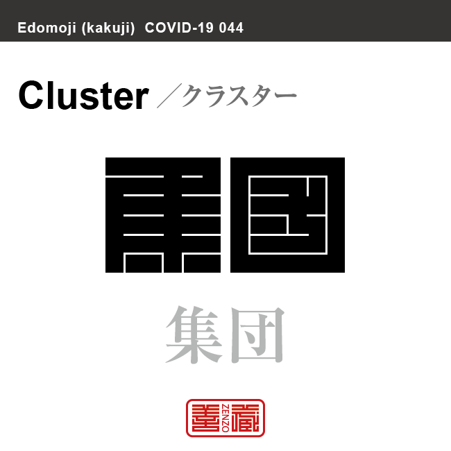集団／群れ　クラスター／しゅうだん　むれ　新型コロナウイルス感染症関連用語（漢字表記）を角字で表現してみました。用語についても簡単に解説しています。