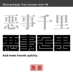 悪事千里　あくじせんり　悪い行為や評判は、どんなに隠しても、またたくまに世間に知れ渡るという意味。　有名なことわざや四字熟語の漢字を角字で表現してみました。熟語の意味も簡単に解説しています。