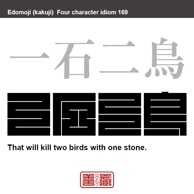 一石二鳥　いっせきにちょう　一つの行為や苦労で、二つの目的を同時に果たすたとえ。　有名なことわざや四字熟語の漢字を角字で表現してみました。熟語の意味も簡単に解説しています。