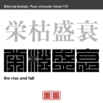 栄枯盛衰　えいこせいすい　栄えることと衰えること。人や家門などの繁栄や衰退をいう。　有名なことわざや四字熟語の漢字を角字で表現してみました。熟語の意味も簡単に解説しています。