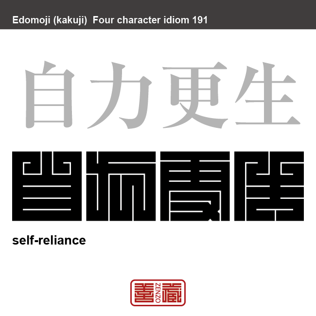 自力更生　じりきこうせい　他人に頼らず自力で物事を行うことを意味する。社会主義国を中心にスローガンとして用いられる。　有名なことわざや四字熟語の漢字を角字で表現してみました。熟語の意味も簡単に解説しています。