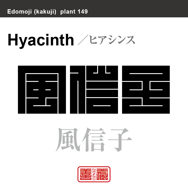 風信子 錦百合　ヒアシンス　花や植物の名前（漢字表記）を角字で表現してみました。該当する植物についても簡単に解説しています。