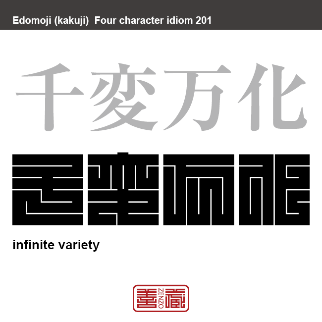 千変万化　せんぺんばんか　常に状況、局面が変化して、とどまることをしらないこと。　有名なことわざや四字熟語の漢字を角字で表現してみました。熟語の意味も簡単に解説しています。