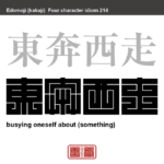 東奔西走　とうほんせいそう　仕事や用事のため、あちらこちらとせわしなく走り回ること。　有名なことわざや四字熟語の漢字を角字で表現してみました。熟語の意味も簡単に解説しています。