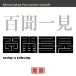 百聞一見　ひゃくぶんいっけん　人の話を何回も聞くよりも、実際に自分の目で確かめるほうが大事という意味。　有名なことわざや四字熟語の漢字を角字で表現してみました。熟語の意味も簡単に解説しています。