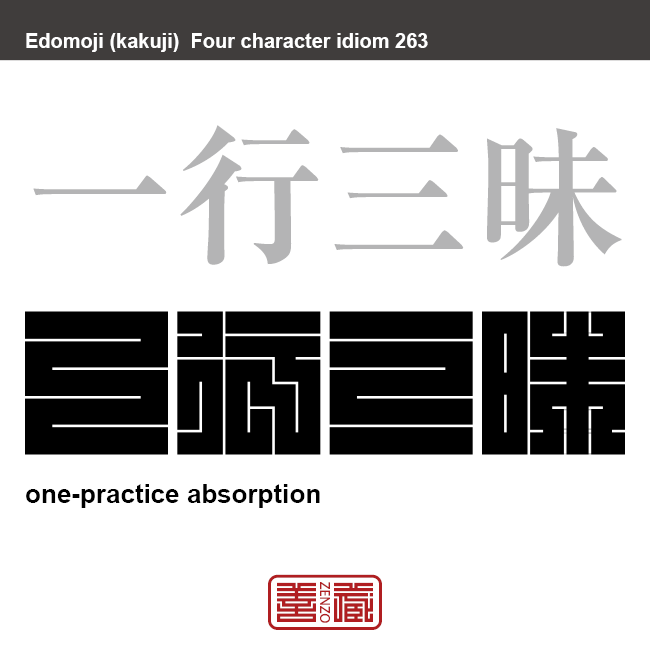 一行三昧　いちぎょうざんまい　一つに決めて、それに専念して励むこと。　有名なことわざや四字熟語の漢字を角字で表現してみました。熟語の意味も簡単に解説しています。