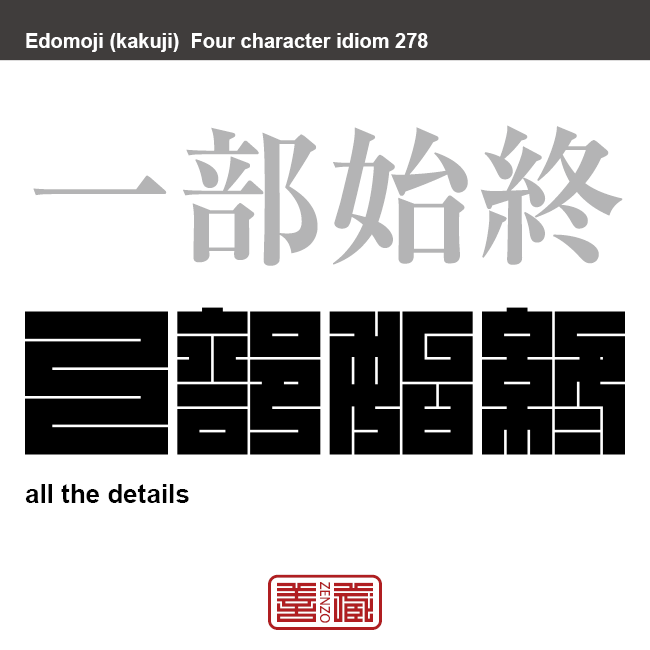 一部始終　いちぶしじゅう　「始めから終わりまで全部」という意味。　有名なことわざや四字熟語の漢字を角字で表現してみました。熟語の意味も簡単に解説しています。