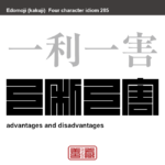 一利一害　いちりいちがい　良いこともあるかわりに、悪いこともあること。　有名なことわざや四字熟語の漢字を角字で表現してみました。熟語の意味も簡単に解説しています。