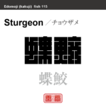 蝶鮫　チョウザメ　魚編（さかなへん）の漢字や、魚、海の生物、水の生物の名前（漢字表記）を角字で表現してみました。該当する生物についても簡単に解説しています。