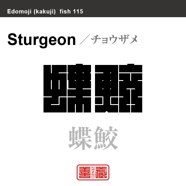 蝶鮫　チョウザメ　魚編（さかなへん）の漢字や、魚、海の生物、水の生物の名前（漢字表記）を角字で表現してみました。該当する生物についても簡単に解説しています。