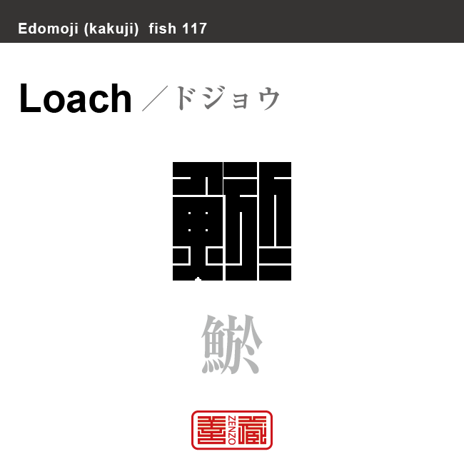 鰌 鯲 泥鰌　ドジョウ　魚編（さかなへん）の漢字や、魚、海の生物、水の生物の名前（漢字表記）を角字で表現してみました。該当する生物についても簡単に解説しています。