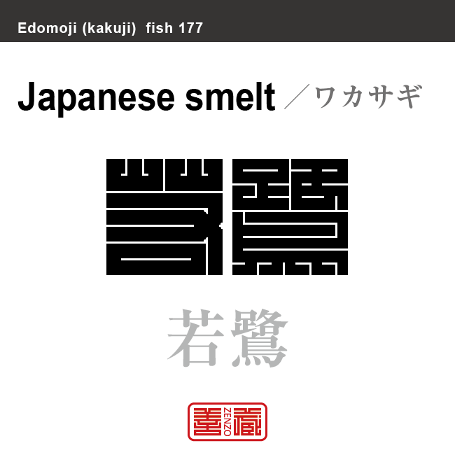 鰙 公魚 若鷺　ワカサギ　魚編（さかなへん）の漢字や、魚、海の生物、水の生物の名前（漢字表記）を角字で表現してみました。該当する生物についても簡単に解説しています。