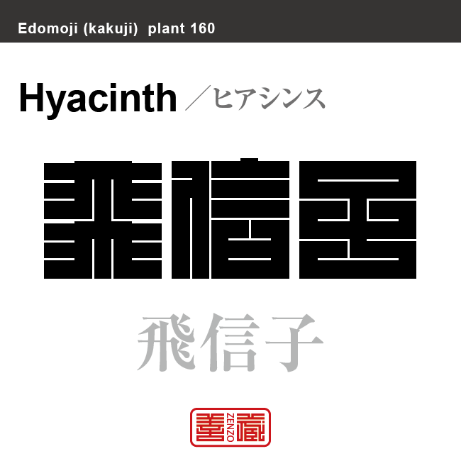 飛信子　ヒアシンス（ヒシンシ）　花や植物の名前（漢字表記）を角字で表現してみました。該当する植物についても簡単に解説しています。